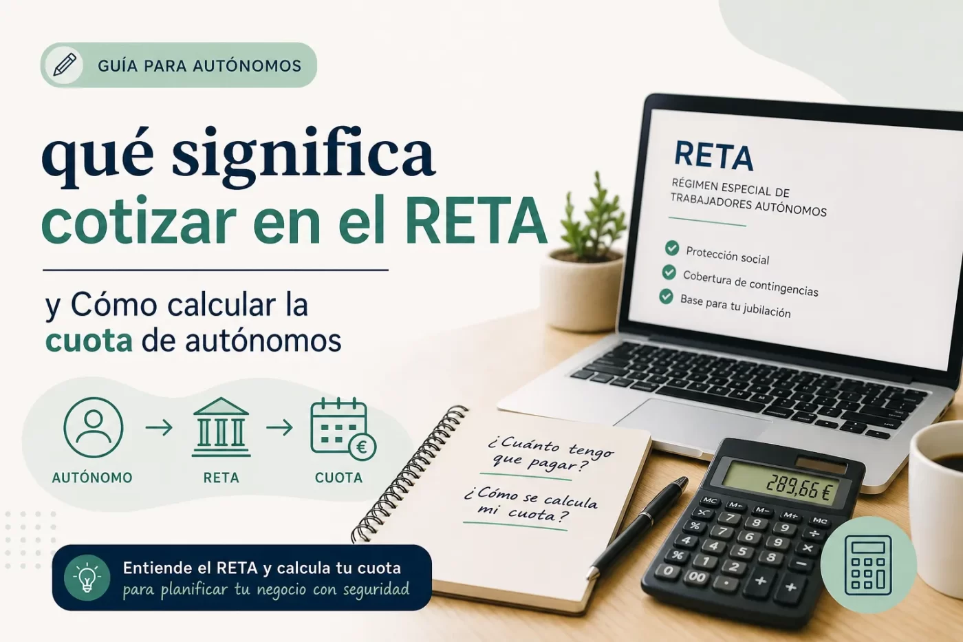Infographic in Spanish about what it means to contribute to the RETA and how to calculate the autónomos quota